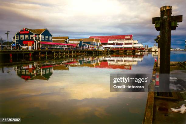 steveston fisherman's wharf in richmond bc canada - bc commercial fishing boats stock pictures, royalty-free photos & images