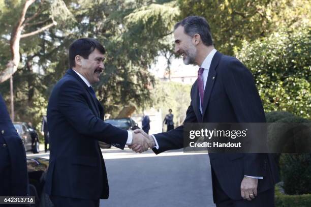 In this handout photo provided by Casa de S.M. El Rey de Espana, Hungarian President Janos Ader shakes hands with King Felipe VI of Spain while...