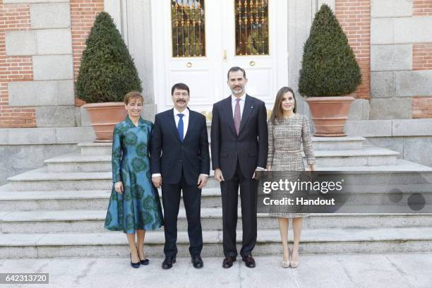 In this handout photo provided by Casa de S.M. El Rey de Espana, Hungarian President Janos Ader , wife Anita Herczegh , King Felipe VI of Spain and...