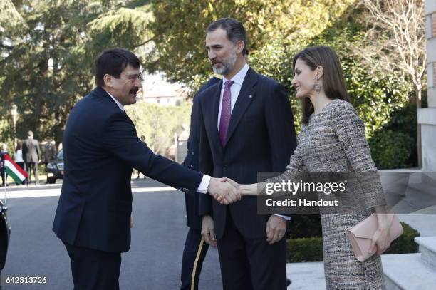 In this handout photo provided by Casa de S.M. El Rey de Espana, Hungarian President Janos Ader , shakes hands with Queen Letizia of Spain as King...