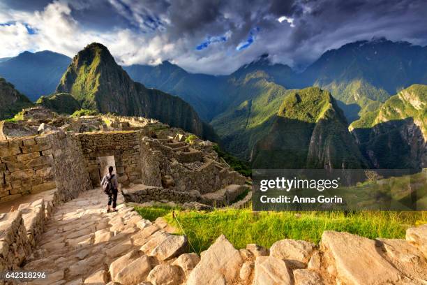 back view of female tourist descending stairs overlooking machu picchu ruins at sunset, peru - inca photos et images de collection