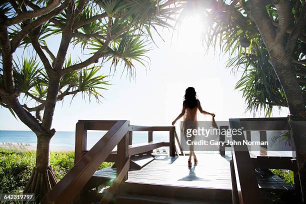 elegant woman walks on board walk towards the sea - palm beach florida stock pictures, royalty-free photos & images