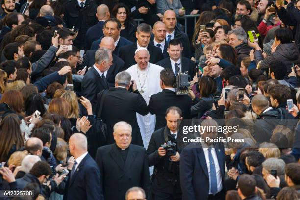 Pope Francis leaves at the end of his visits at the Roma Tre University, one of Rome's three state run universities, in Rome, Italy. Pope Francis...