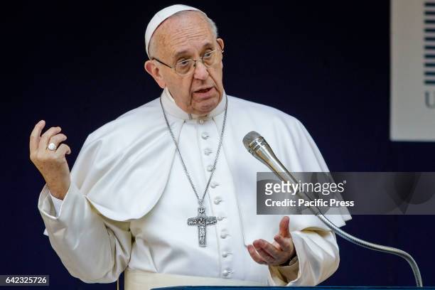 Pope Francis speaks at the Roma Tre University, one of Rome's three state run universities, during his first visit in Rome, Italy. Pope Francis...