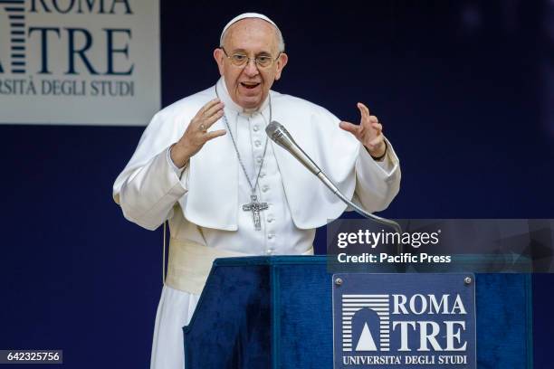 Pope Francis speaks at the Roma Tre University, one of Rome's three state run universities, during his first visit in Rome, Italy. Pope Francis...