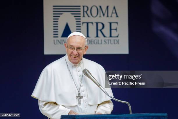 Pope Francis speaks at the Roma Tre University, one of Rome's three state run universities, during his first visit in Rome, Italy. Pope Francis...