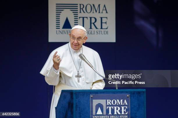 Pope Francis speaks at the Roma Tre University, one of Rome's three state run universities, during his first visit in Rome, Italy. Pope Francis...