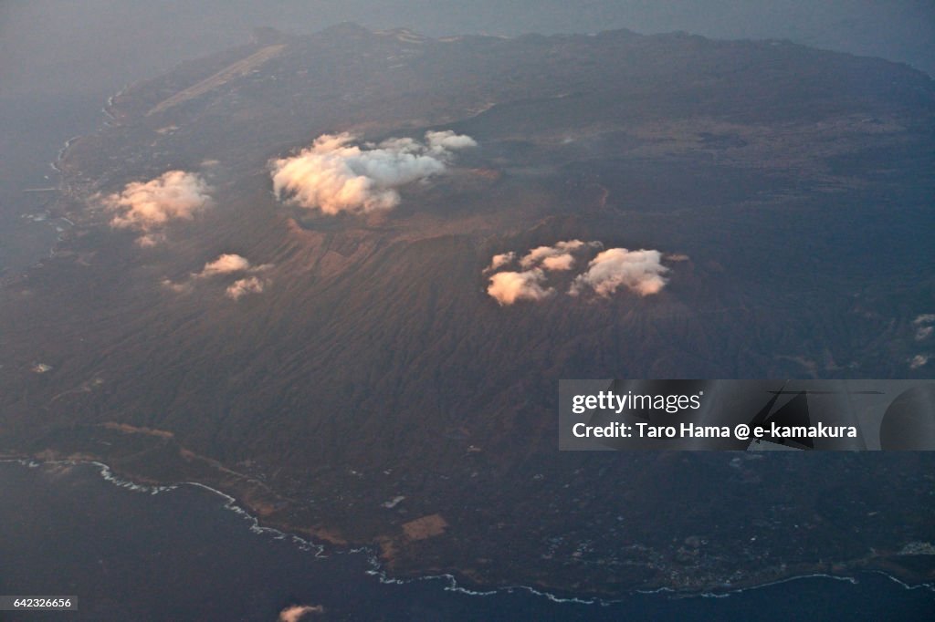 Oshima island in the sunset aerial view from airplane