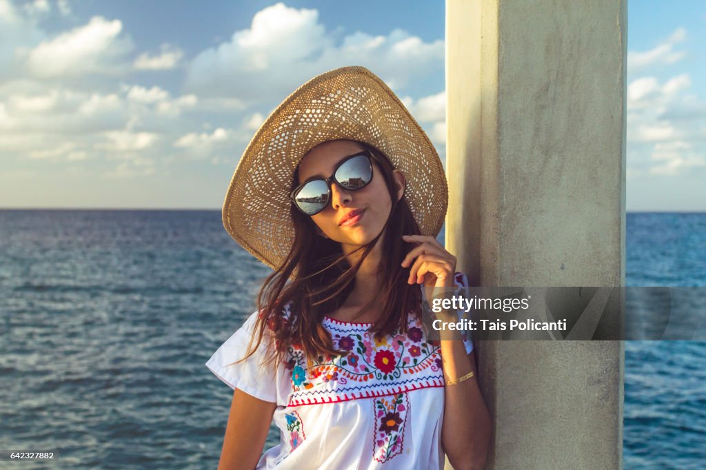 Brunette Woman In Tradicional Mexican Dress Enjoying Cozumel