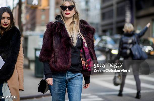 Kerry Pieri wearing a fur jacket outside Marc Jacobs on February 16, 2017 in New York City.