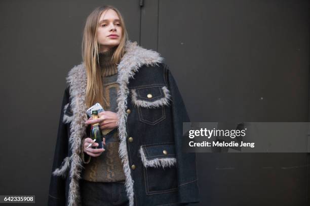 Model Stav Strashko in Marc Jacobs after the Marc Jacobs show on February 17, 2017 in New York City.