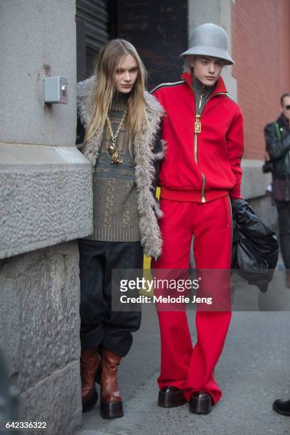 Two models in Marc Jacobs after the Marc Jacobs show on February 17, 2017 in New York City.