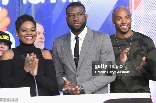 Cast members Afton Williamson, Sinqua Walls and Antoine Harris of VH1's "The Breaks" attend the NASDAQ opening bell at NASDAQ on February 17, 2017 in...