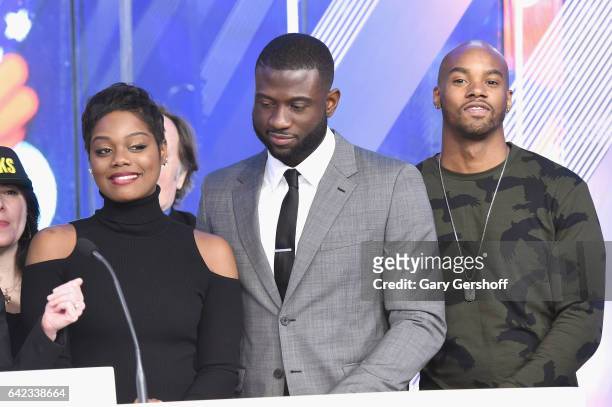 Cast members Afton Williamson, Sinqua Walls and Antoine Harris of VH1's "The Breaks" attend the NASDAQ opening bell at NASDAQ on February 17, 2017 in...