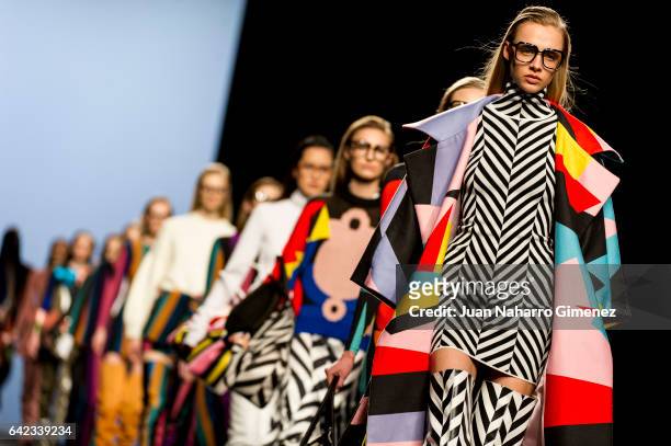 Model walks the runway at the Maria Escote show during the Mercedes-Benz Madrid Fashion Week Autumn/Winter 2017 at Ifema on February 17, 2017 in...