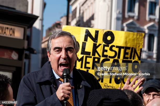 Senator Maurizio Gasparri speaks during a protest by Roman taxi drivers in front of the Senate to ask for the cancellation of the amendments tabled...