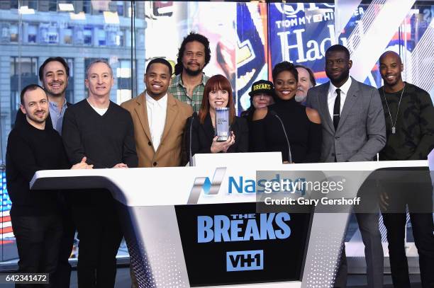 Cast and producers of "The Breaks" with Vh1, MTV and Logo General manager Amy Doyle attend the NASDAQ opening bell at NASDAQ on February 17, 2017 in...