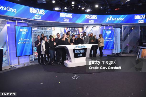 Cast , producers and crew of "The Breaks" with Vh1, MTV and Logo General manager Amy Doyle attend the NASDAQ opening bell at NASDAQ on February 17,...