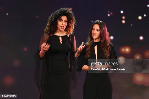 Duha Amla and Heni Bizawi of Peaceplayers International talk on stage during the 2017 Laureus World Sports Awards at the Salle des Etoiles,Sporting...