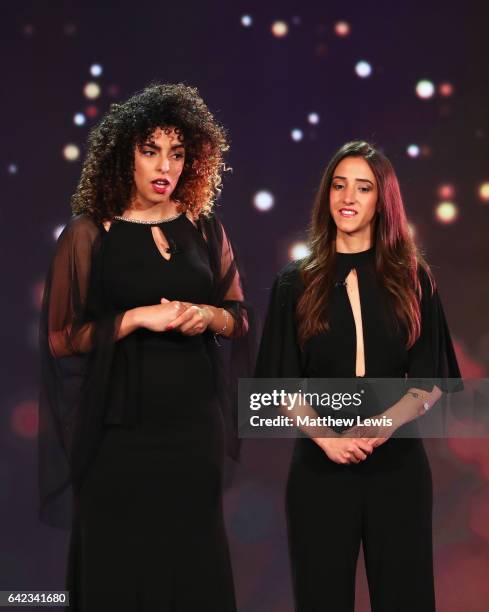 Duha Amla and Heni Bizawi of Peaceplayers International talk on stage during the 2017 Laureus World Sports Awards at the Salle des Etoiles,Sporting...