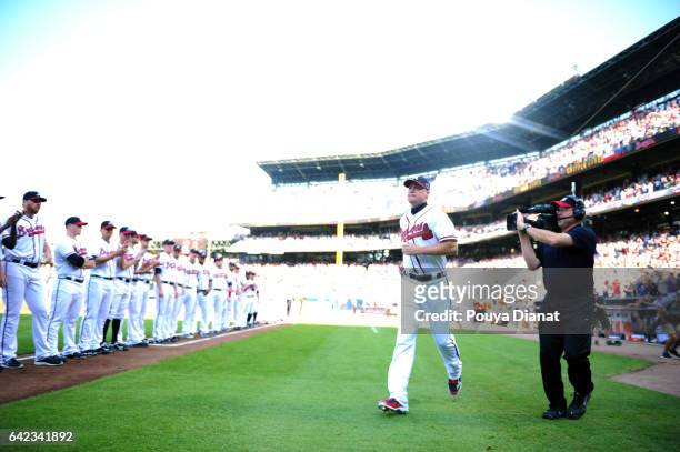 Wild Card Game: Atlanta Braves Chipper Jones taking field during introductions before game vs St. Louis Cardinals at Turner Field. Final game of...