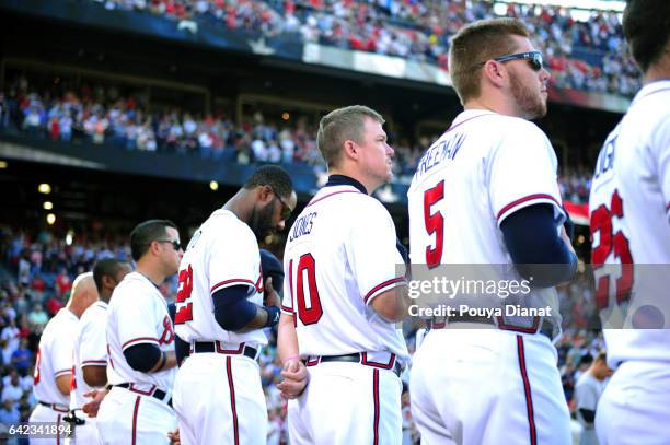 Wild Card Game: Rear view of Atlanta Braves Chipper Jones with teammates during anthem before game vs St. Louis Cardinals at Turner Field. Final game...