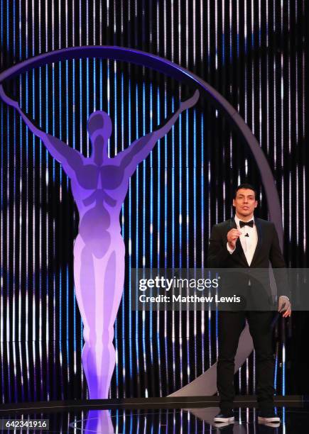 Taig Khris talks on stage during the 2017 Laureus World Sports Awards at the Salle des Etoiles,Sporting Monte Carlo on February 14, 2017 in Monaco,...