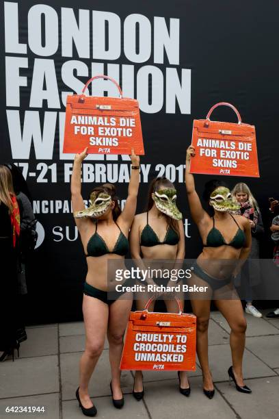 Lingerie-clad models stage a protest by the animal rights organisation, Peta against the suffering of animals, on 17th Febriary 2017, in London,...