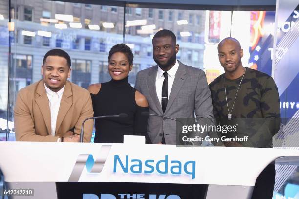 Cast members Mack Wilds, Afton Williamson, Sinqua Walls and Antoine Harris of VH1's "The Breaks" attend the NASDAQ opening bell at NASDAQ on February...