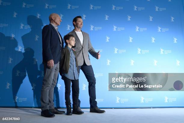 Actors Patrick Stewart, Dafne Keen and Hugh Jackman attend the 'Logan' photo call during the 67th Berlinale International Film Festival Berlin at...