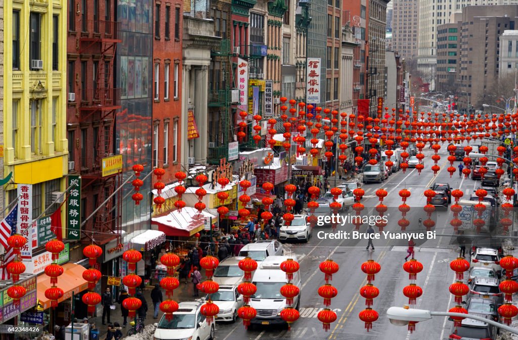 Traditional style red lanterns hanging over East Broadway during Chinese Lantern Festival