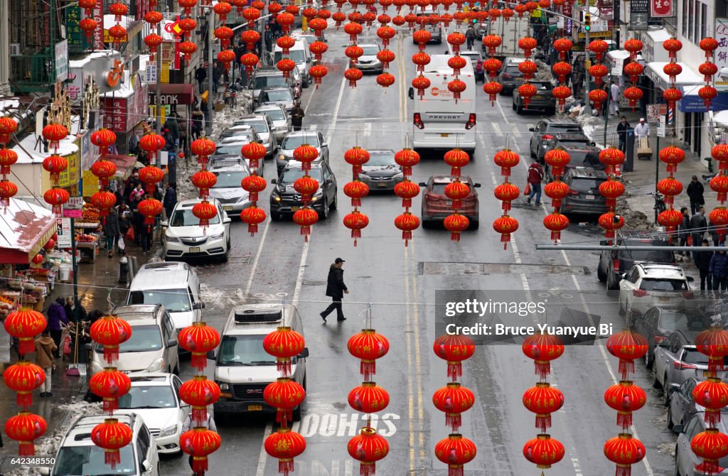 Traditional style red lanterns hanging over East Broadway during Chinese Lantern Festival