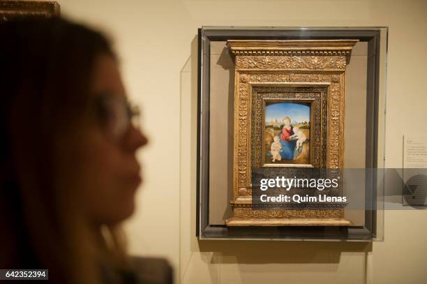 Visitor looks at the paint 'La Virgen con el Nino y San Juanito' by Rafael Sanzio during the press preview of the exhibition 'Obras maestras de...