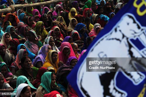 Indian women supporters of Bahujan Samaj Party , gather to listen Party Chief mayawati's speech ,during a public rally , ahead of Uttar Pradesh's...