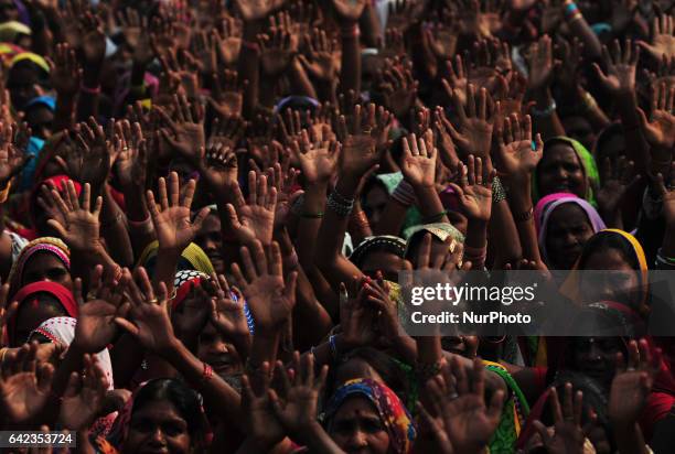 Indian women supporters of Bahujan Samaj Party , wave hands during Party Chief mayawati's speech ,in a public rally , ahead of Uttar Pradesh's...