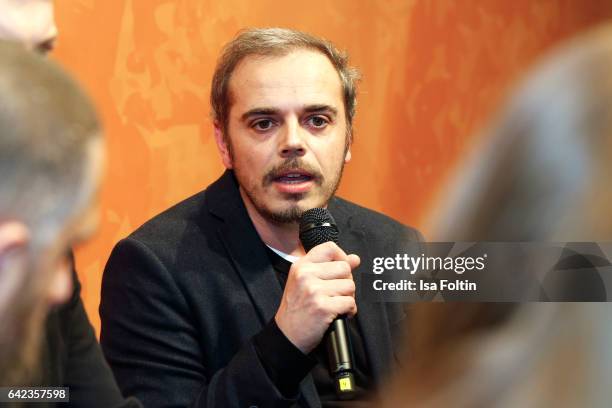 Actor Richard Kropf discuss with host Caro Matzko during the Berlinale Open House Panel '4 Blocks' at Audi Berlinale Lounge on February 17, 2017 in...