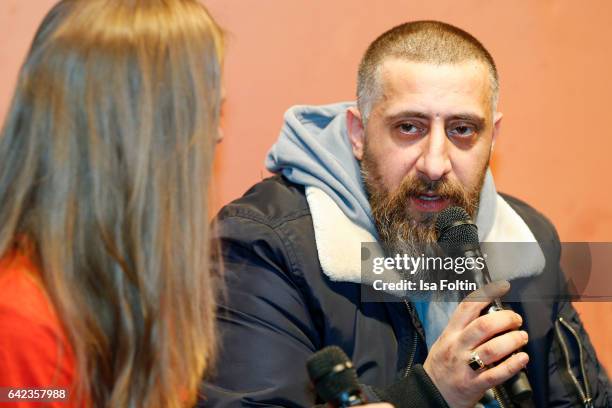 Actor Kida Khodr Ramadan discuss with host Caro Matzko during the Berlinale Open House Panel '4 Blocks' at Audi Berlinale Lounge on February 17, 2017...