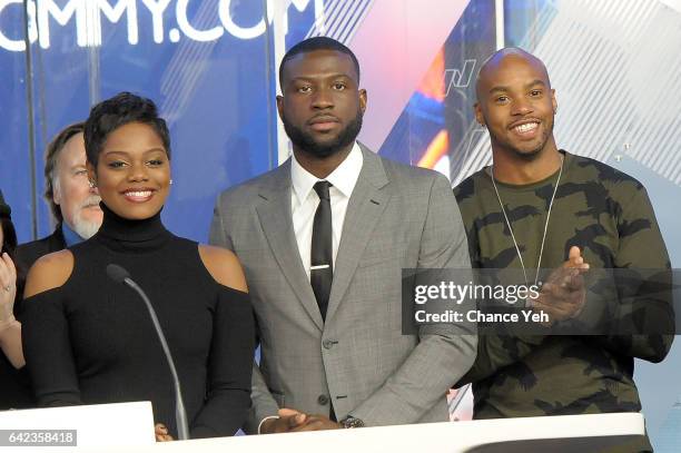 Afton Williamson, Sinqua Walls and Antoine Harris of Vh1's "The Breaks" attends the Nasdaq opening bell at NASDAQ on February 17, 2017 in New York...