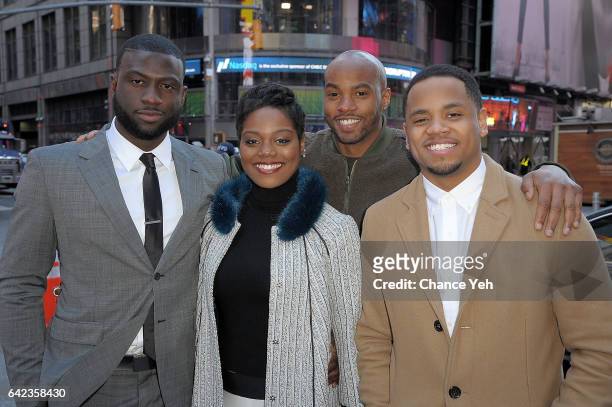 Sinqua Walls, Afton Williamson, Antoine Harris and Mack Wilds of Vh1's "The Breaks" attends the Nasdaq opening bell at NASDAQ on February 17, 2017 in...