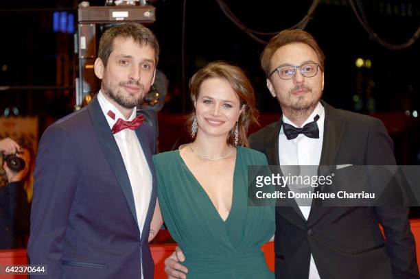 Actors Mircea Postelnicu, Diana Cavallioti and director Calin Peter Netzer attend the 'Ana, mon amour' premiere during the 67th Berlinale...