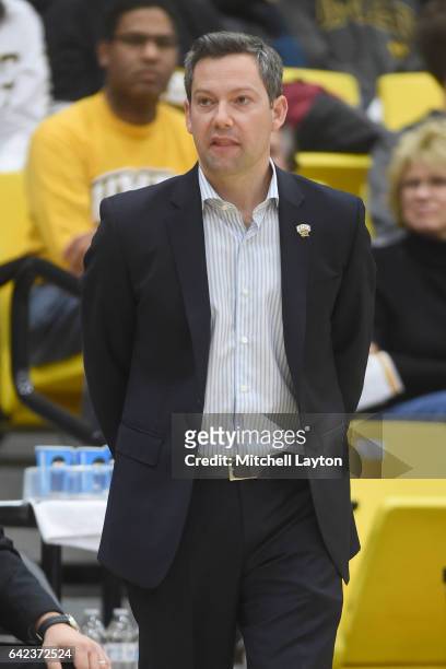 Head coach Ryan Odom of the UMBC Retrievers looks on during a college basketball game against the UMBC Retrievers at the RAC Arena on February 12,...