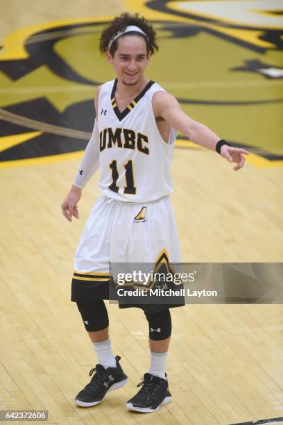 Maura of the UMBC Retrievers looks on during a college basketball game against the Vermont Catamounts at the RAC Arena on February 12, 2017 in...