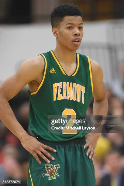 Trae Bell-Haynes of the Vermont Catamounts looks on during a college basketball game against the UMBC Retrievers at the RAC Arena on February 12,...