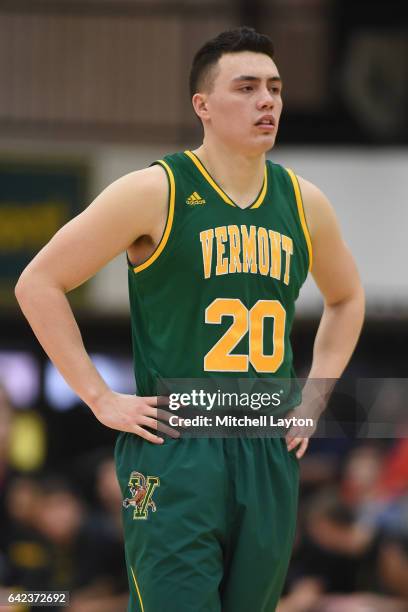 Ernie Duncan of the Vermont Catamounts looks on during a college basketball game against the UMBC Retrievers at the RAC Arena on February 12, 2017 in...