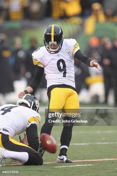 Chris Boswell of the Pittsburgh Steelers connects with the kick during the game against the Cincinnati Bengals at Paul Brown Stadium on December 18,...