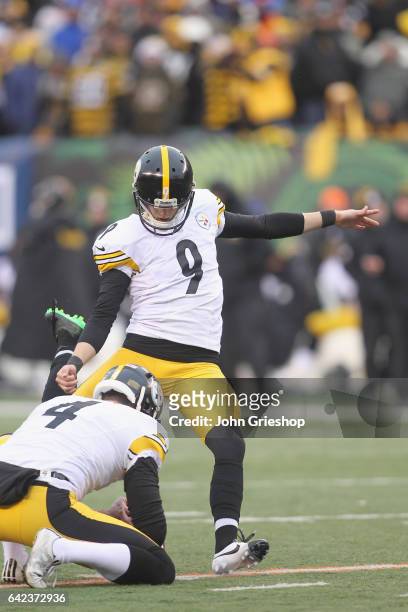 Chris Boswell of the Pittsburgh Steelers connects with the kick during the game against the Cincinnati Bengals at Paul Brown Stadium on December 18,...