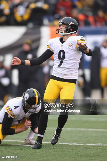 Chris Boswell of the Pittsburgh Steelers connects with the kick during the game against the Cincinnati Bengals at Paul Brown Stadium on December 18,...