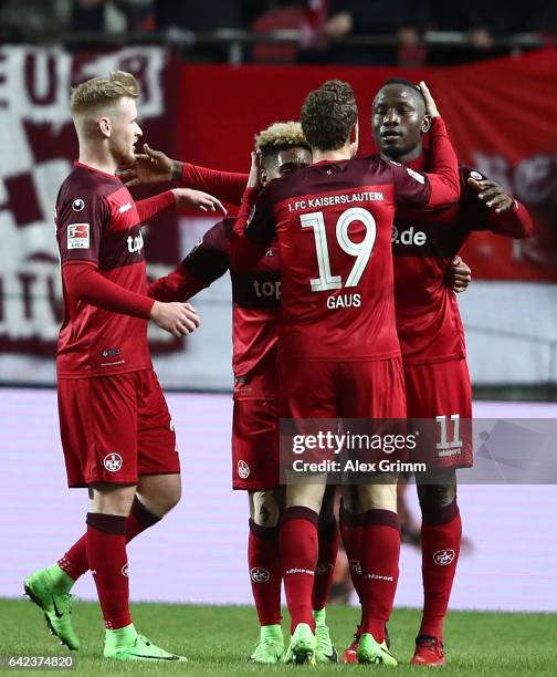 Jacques Zoua Daogari of Kaiserslautern celebrates with teamates after scoring his goal during the Second Bundesliga match between 1. FC...