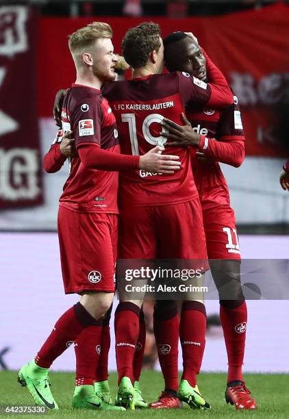 Jacques Zoua Daogari of Kaiserslautern celebrates with teamates after scoring his goal during the Second Bundesliga match between 1. FC...