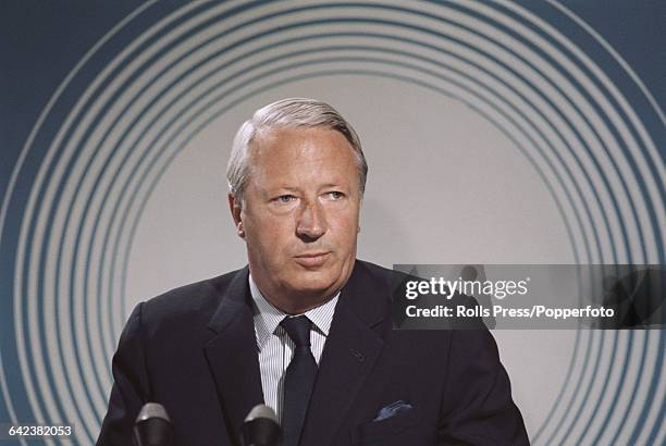 English politician and leader of the Conservative Party, Edward Heath conducts a press conference at Central Hall in Westminster, London during the...